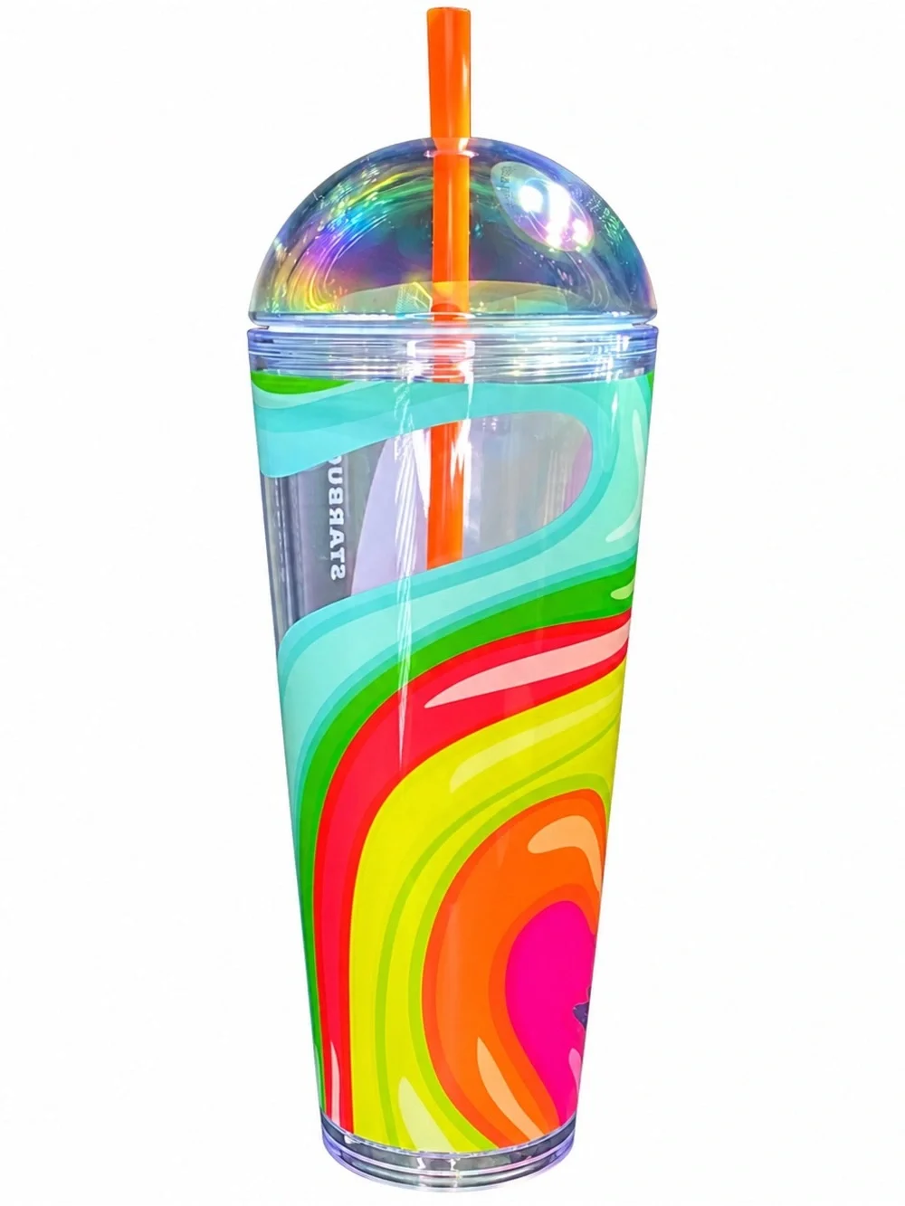 Starbucks 24oz Rainbow Swirl Cold Cup Iridescent Dome Lid Orange Straw NEW